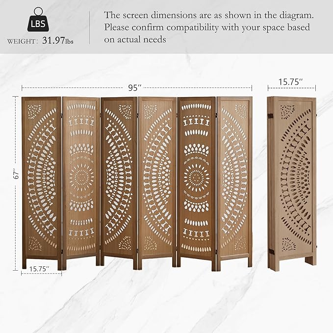 ALeesing 6 Panel Wood Room Divider Fully Assembled, Decorative Room Dividers and Folding Screens, 5.6Ft Room Divider Screen Freestanding Partition Wall Dividers for Home Bedroom Office, Brown