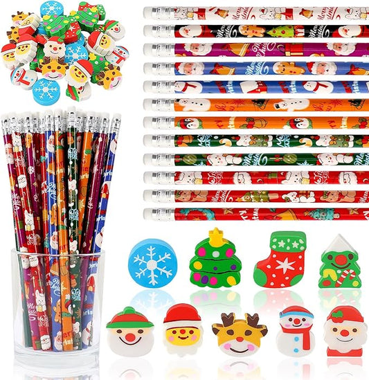 JULMELON 72PCS Christmas Party Favors Set, 36PCS Christmas Pencils with 36PCS Snowman Snowflake Santa Erasers, Pencils for School Classroom Winter Holiday Party Reward Supplies