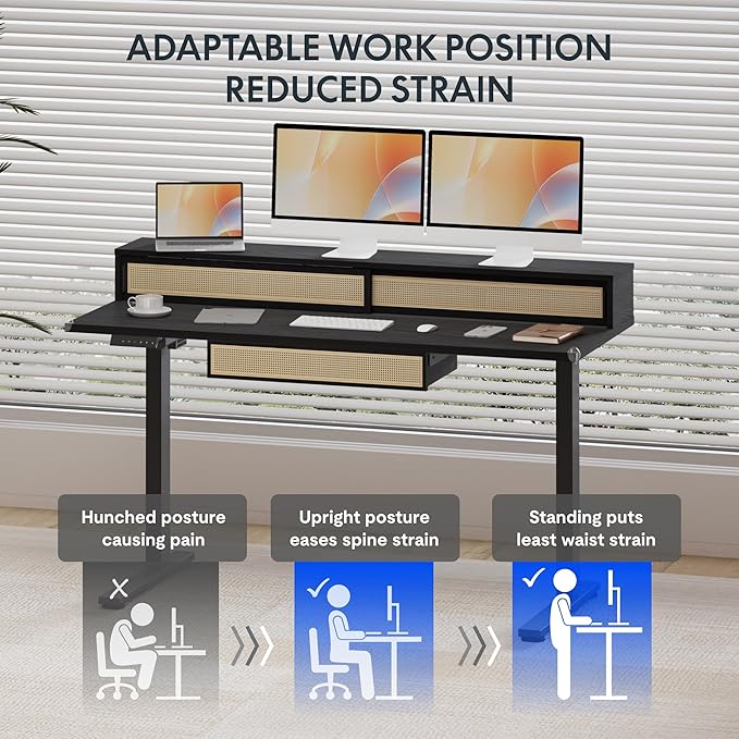 FLEXISPOT Q4 One-Piece Standing Desk with Rattan Drawers, 48 x 24 Inch Adjustable Height, Electric Stand Up Table with Monitor Shelf, Home Office Ergonomic Computer Desk with Memory Presets, Black