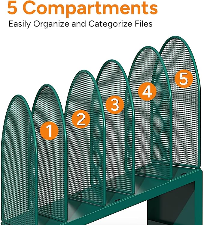 OUTIOE 5-Section Desk File Organizer, Metal Mesh Folder Organizer for Documents, Mail & Office Papers (Green)