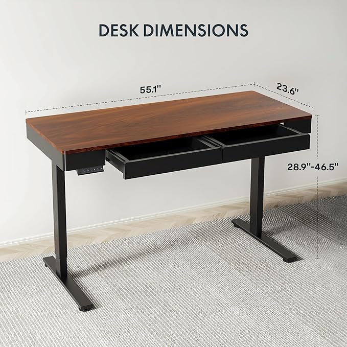 FLEXISPOT Q5 Standing Desk with Drawer, 55 x 24 Inch Whole Piece Electric Adjustable Height Stand Up Computer Workstation for Home, Office, Dark Walnut