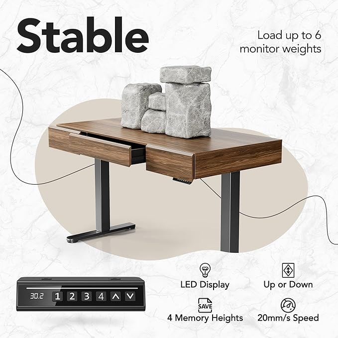 HUANUO 48 Inch Standing Desk with Drawers, Electric Adjustable Height Stand Up Desk with Storage, Whole-Piece Board Computer Workstation for Home Office, Black Walnut