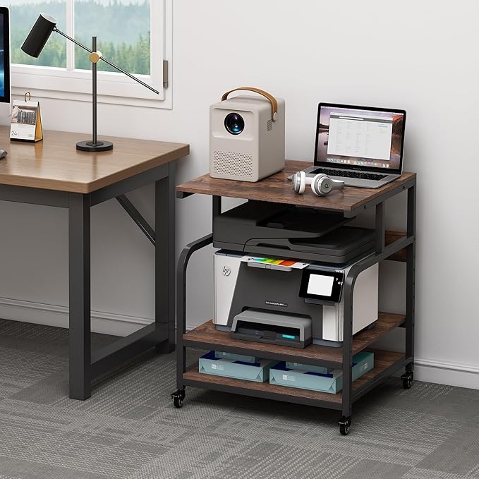 Fannova 23.6" Deep Extra Large Printer Stand, 3 Tier Printer Table with Adjustable Storage Shelf, Rolling Printer Cart with Industrial Wheels for Home Office, Rustic Brown