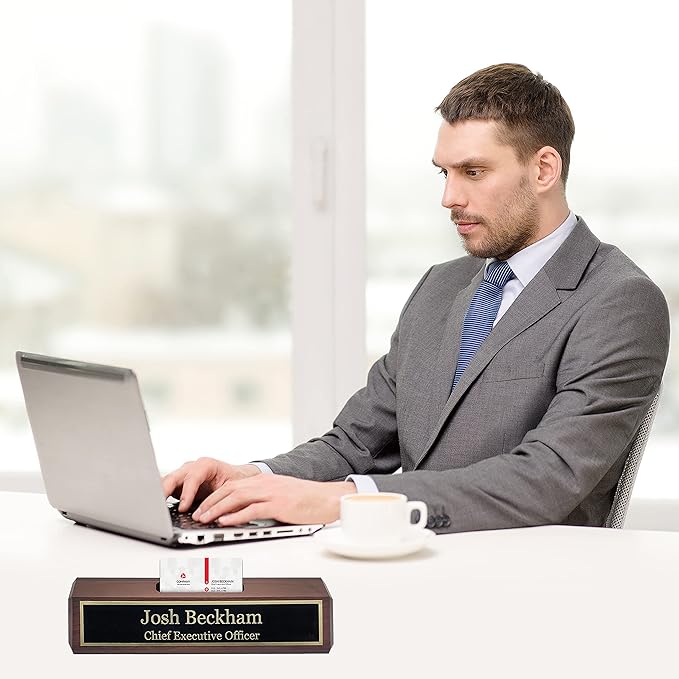 Business Wood Name Plate for Desk | Custom Desk Name Plate Personalized Gift for Office, The Perfect Engraved Name Plaque by Engraving International (2" x 10" with Card Holder, Walnut Wood)
