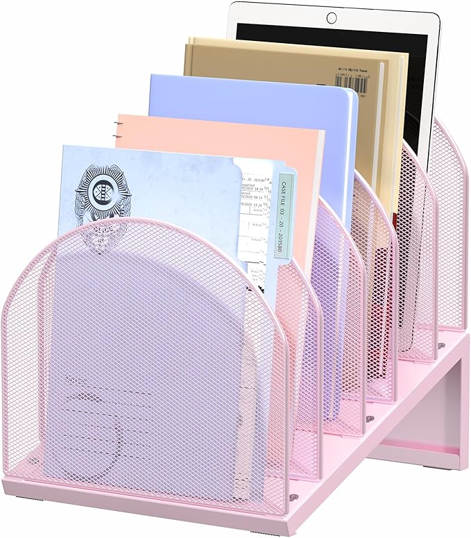 OUTIOE 5-Section Desk File Organizer, Metal Mesh Folder Organizer for Documents, Mail & Office Papers (Pink)