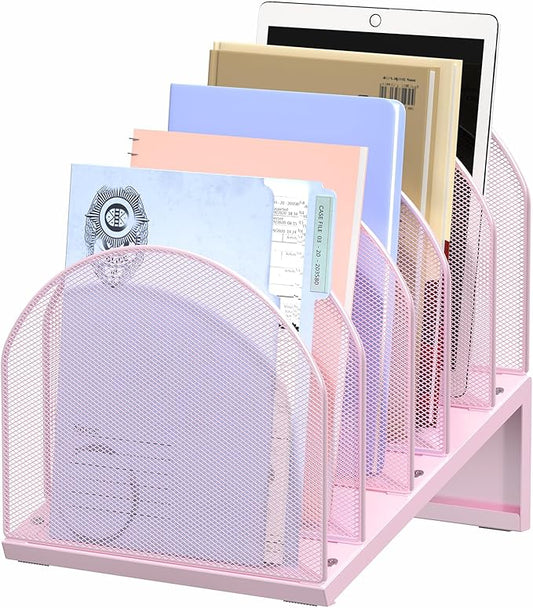 OUTIOE 5-Section Desk File Organizer, Metal Mesh Folder Organizer for Documents, Mail & Office Papers (Pink)