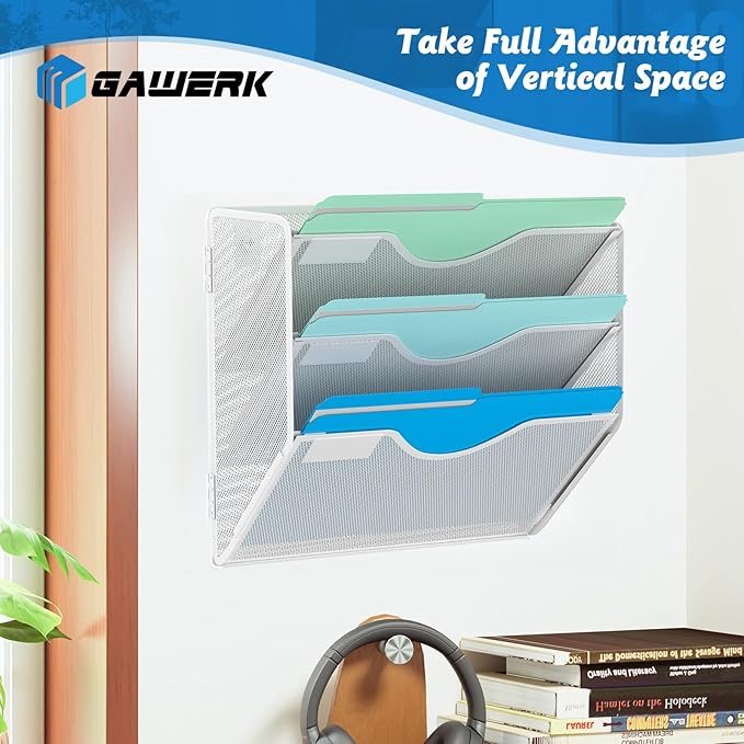 Gawerk 3 Tier Hanging Wall File Organizer, Mesh Mail Paper Orgnization Hanging File Folder Holder for Home Office, White