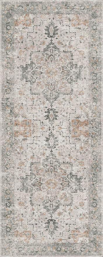 GENIMO 3x12 Runner Rugs for Hallway, Machine Washable Non Slip Vintage Rugs, Low Pile Soft Chenille Print Rug for enrtyway, Corridor, Home Office,Light Taupe Brown