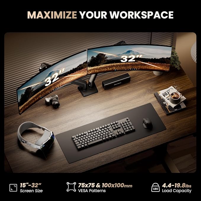 SIAGO Dual Monitor Stand, 15 to 32 Inch Monitor Arm, Adjustable Monitors Mount with C-Clamp and Grommet Installation, Made of Iron and Al, VESA Monitor Stand for Desk - Fits 4.4 to 19.8lbs Monitors