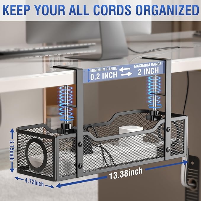 Under Desk Cable Management Tray, GZOKMOG Cord Management with Upgraded Clamp No Drill, Metal Cable Management Box for Home Office, Wire Management for Standing Desk, 1 Pack Black, 13.38 inch
