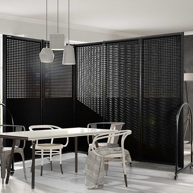 Folding Room Partition,Freestanding Privacy Divider,Portable Office Divider Wall,Commercial Space Partition Screen,Perforated Felt Panel Design,10'6"W x 6'7"H,5 Panel,Black
