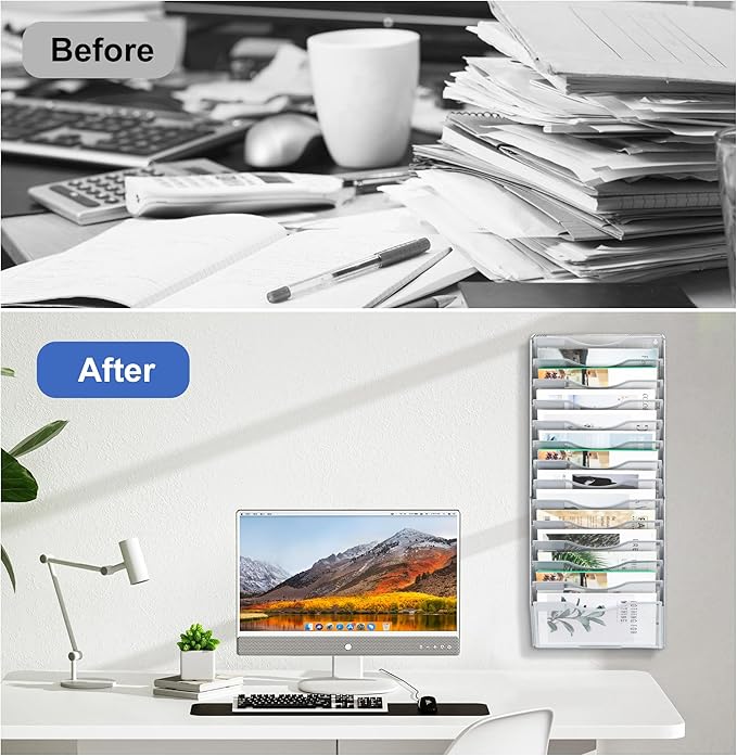 EasyPAG Wall File Organizer for Office 14 Pocket Mesh Wall Mounted Paper Organizer Hanging Folder Holder with Nametag Label for Home School, Silver