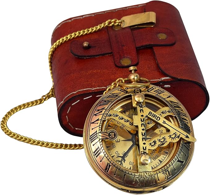 Handcrafted Vintage Brass Sundial Compass – Antique Nautical Sun Clock with Leather Case – Engraved Collectible Brass Compass Gift for Men - Nautical Gifts for Men, Best Anniversary Vintage Gifts