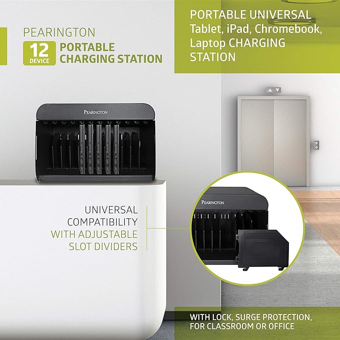 Pearington 12 Device Portable Charging Station for Tablets, iPads, Chromebooks, and Laptop Computers with Lock, Surge Protection, for Classroom or Office