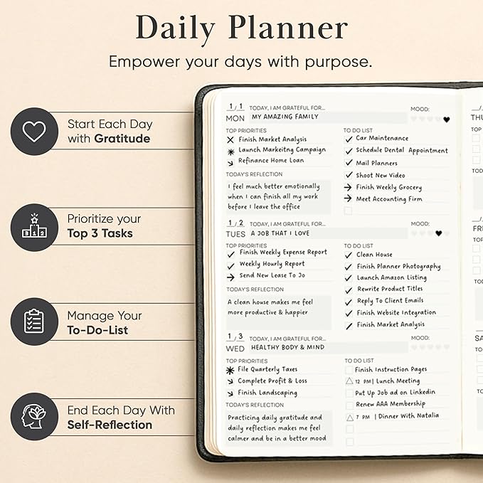 Mantra Planner 2026 Planner, Daily Journal & Gratitude Journal All-In-One with To Do List, Self Care Prompts & Habit Tracker - 7 x 10 - Black