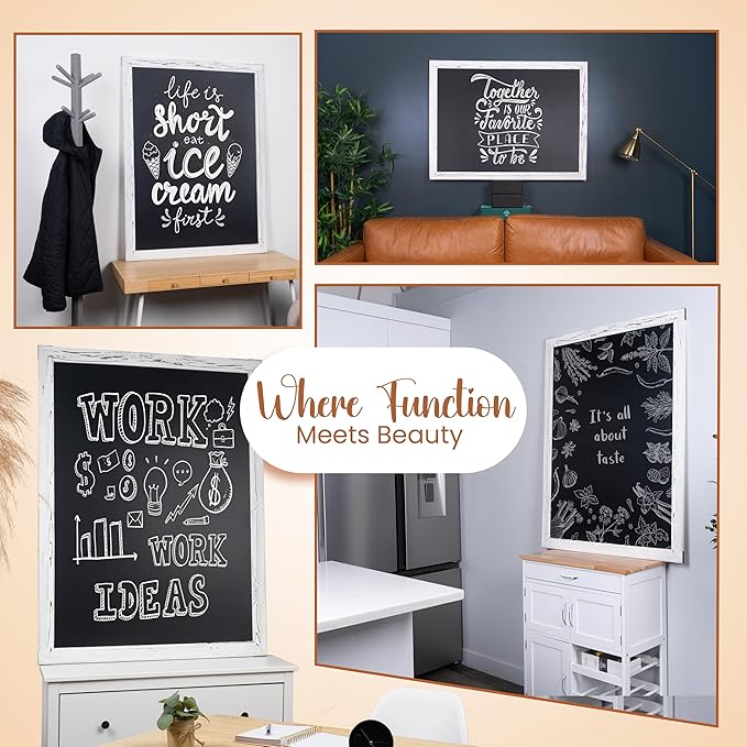 Loddie Doddie Magnetic Chalkboard - 46 x 34.5 in, White Rustic Frame, Wall Mount - Erasable Chalk Board Surface & Message Center - Chalkboard Signs & Magnet Board
