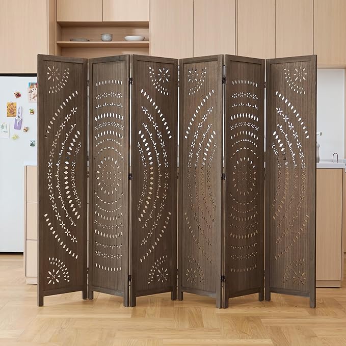 66.9Inch Folding Room Divider, 3 Panels Wood Carved Privacy Screens, Free Assembled Freestanding Partition for Home Office Restaurant Bedroom (Natural)