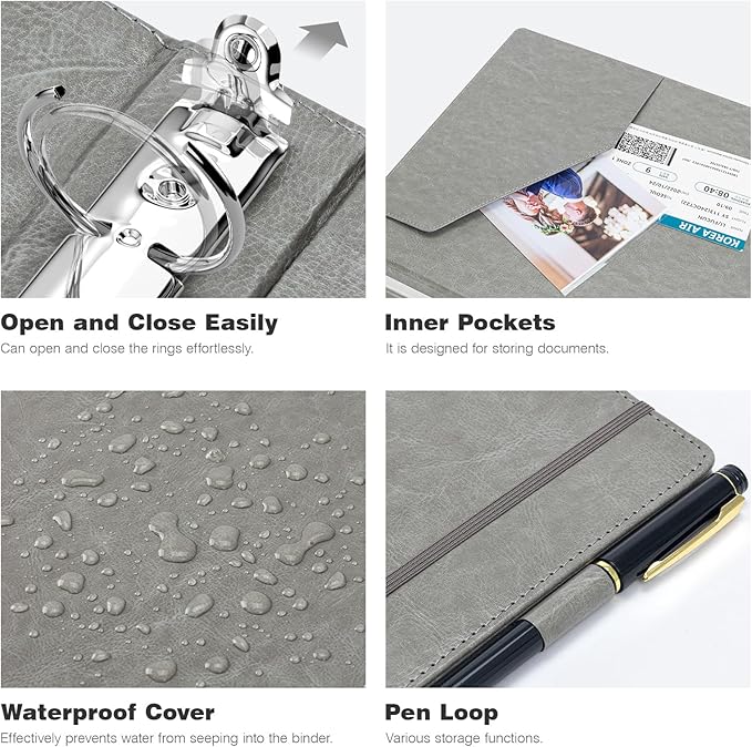 Ospelelf Vintage Hardcover 3 Ring 1 inch Leather Binder, Professional Binders Organizer Suitable for Letter Size Documents, Binder Dividers with Tabs, Faux Gray Leather