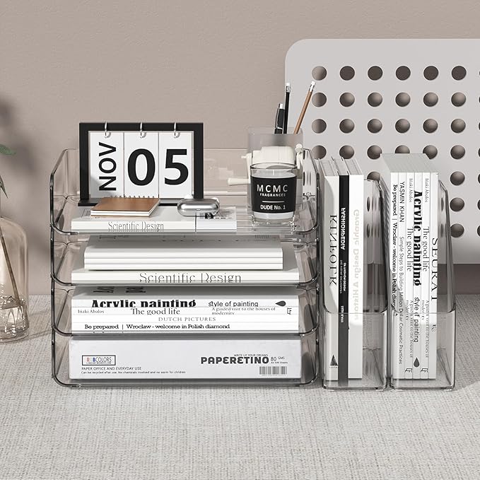 FANXIYQ 4-Tier Clear Acrylic Paper Tray Organizer for Desk with 2 Matching Bookends – Stackable Letter Tray Set, Stackable Paper Trays, Acrylic Desk Accessories/File Organizer, Office Organizer