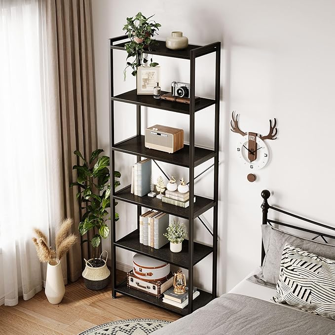 Casaottima Book Shelf, 6 Tier Tall Bookshelf, Modern Wood Bookcase Shelves for Bedroom, Industrial Display Shelf for Living Room Home Office Kitchen, Standing Shelving Unit Storage Organizer, Black