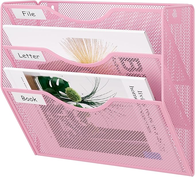 EasyPAG 3 Pocket Mesh Wall File Organizer, Hanging Paper Folder Holder with Classify Label, Vertical Wall Mount Mail Organizer for Office Home Classroom, Pink