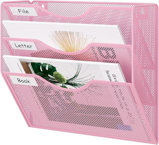 EasyPAG 3 Pocket Mesh Wall File Organizer, Hanging Paper Folder Holder with Classify Label, Vertical Wall Mount Mail Organizer for Office Home Classroom, Pink