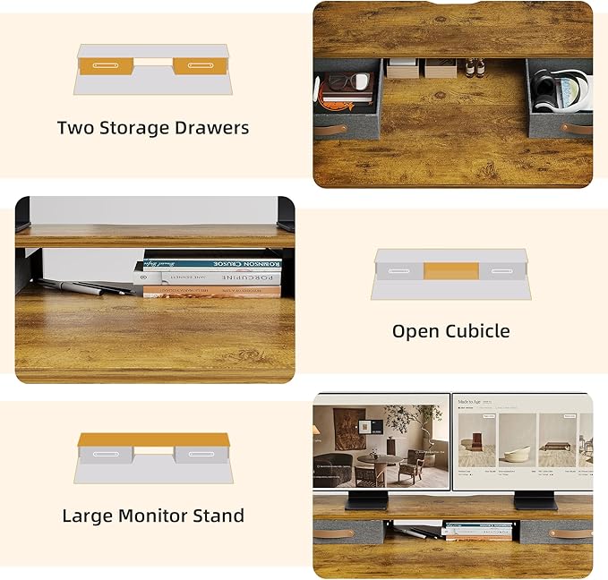 Claiks Electric Standing Desk with 2 Drawers, Adjustable Standing Desks with Storage, Height Adjustable Stand up Desk for Home Office with 2 Hooks,55 Inch Ruist Brown