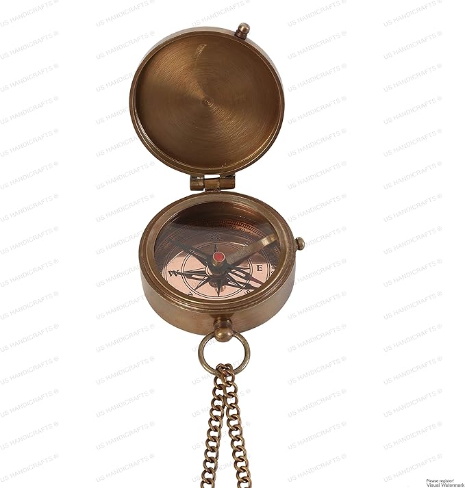 US HANDICRAFTS Brass Camping Compass, Engraved with Leather Case, Antique Finish, Perfect for Outdoor Adventures