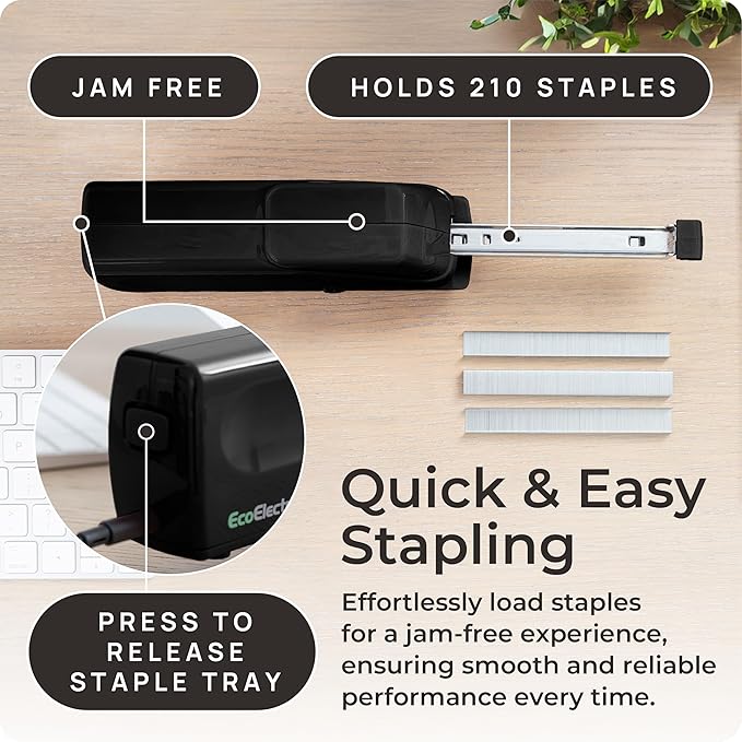 EcoElectronix Portable Stapler Bundle - 30 Sheet Capacity, Quiet Operation, Jam-Free and Easy Reload - AC Adapter/Battery Powered