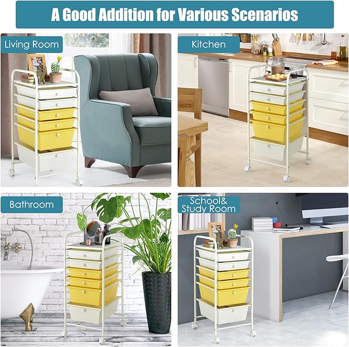 Giantex 6 Storage Drawer Cart Rolling Organizer Cart for Tools Scrapbook Paper Home Office School Multipurpose Mobile Utility Cart (Beige & Yellow)