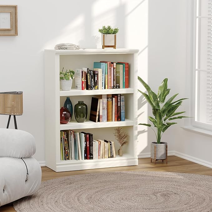 Bevfint 43 in Tall Bookcase, 3-Tier Bookshelf Open Storage, 33 inch Wide Floor Standing Indoor Furniture, Book Cases for Home School Library Office Bedroom Kids, White 3 Tiers