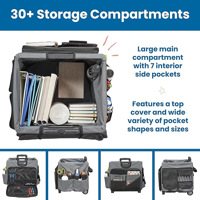 ECR4Kids Universal Rolling Cart with Canvas Organizer Bag, Mobile Storage, Black/Grey