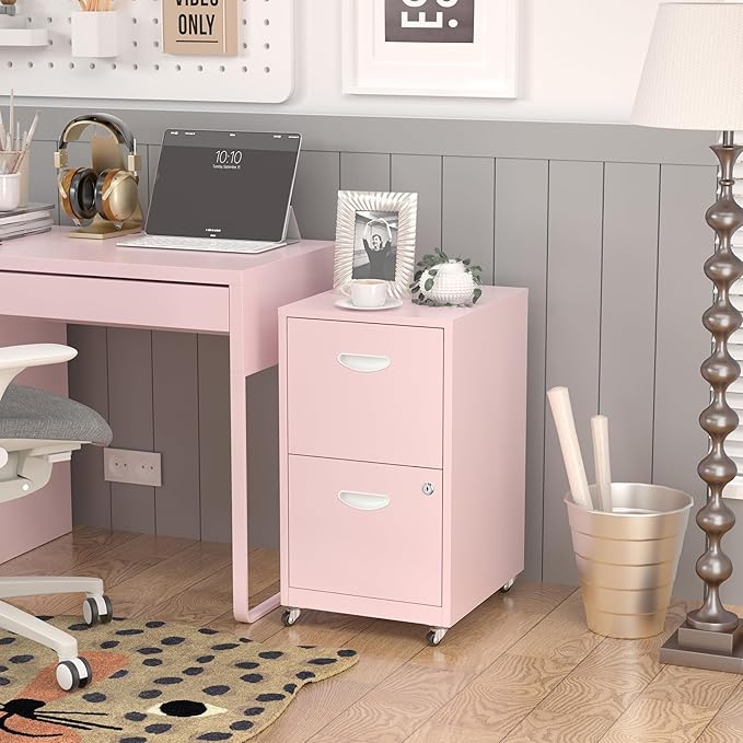 SteeLoong 2 Drawer File Cabinet with Lock，Pink Rolling File Cabinet for Home Office, Metal Small Mobile Filing Cabinets on Wheels for Hanging Letter