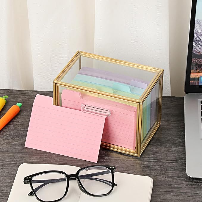 BTSKY Golden Glass Index Card Organizer Box, 3x5 Inch Index Cards Holder with Drawer, Flash Card Storage Holder, Recipe Notecard Box for Office Desk Photo Case Business Cards and Study Note Cards