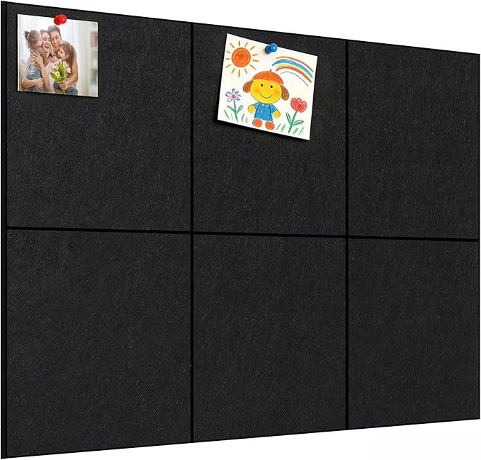Large Cork Board, Black Bulletin Board 36"x 24", 6 Pack Felt Wall Tiles with 35 Pcs Pushpins, Pin Boards for Office, Home & Classroom