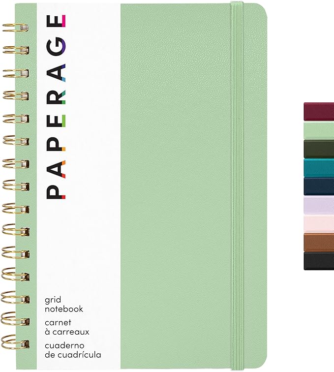 PAPERAGE Graph Paper Spiral Notebook & Journal, (Sage), 160 Pages, Medium 5.5 inches x 8 inches - 100 GSM Thick Graphing Paper, Hardcover, Double-Wire Grid Spiral Notebook