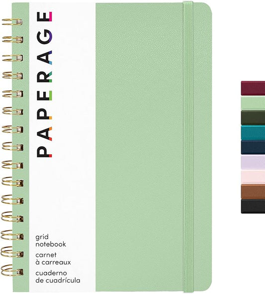 PAPERAGE Graph Paper Spiral Notebook & Journal, (Sage), 160 Pages, Medium 5.5 inches x 8 inches - 100 GSM Thick Graphing Paper, Hardcover, Double-Wire Grid Spiral Notebook