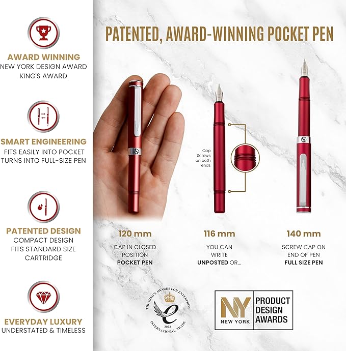 Scriveiner Luxury EDC Fountain Pen (Fine), Stunning Matt Red Pocket EDC with Chrome Finish, Schmidt German Nib, Converter, A Great Writing Gift Set for Men & Women, Nice Fancy Office Designer Pen
