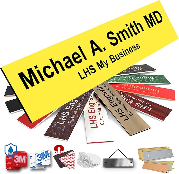 Door Name Plate Personalized for Office Yellow Plastic Name Plate Black Letters - Made in USA 2x4 B4