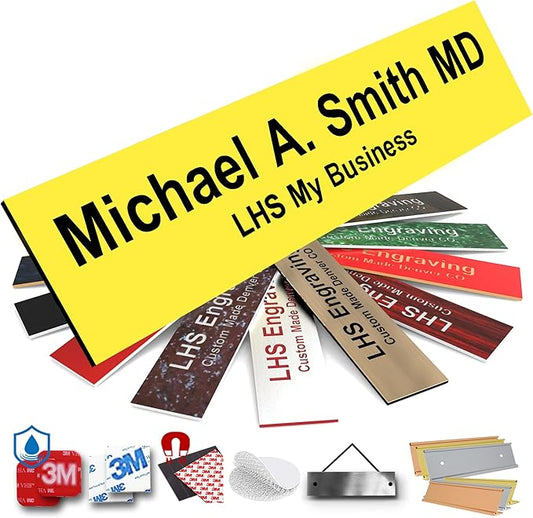Door Name Plate Personalized for Office Yellow Plastic Name Plate Black Letters - Made in USA 2x10 B4