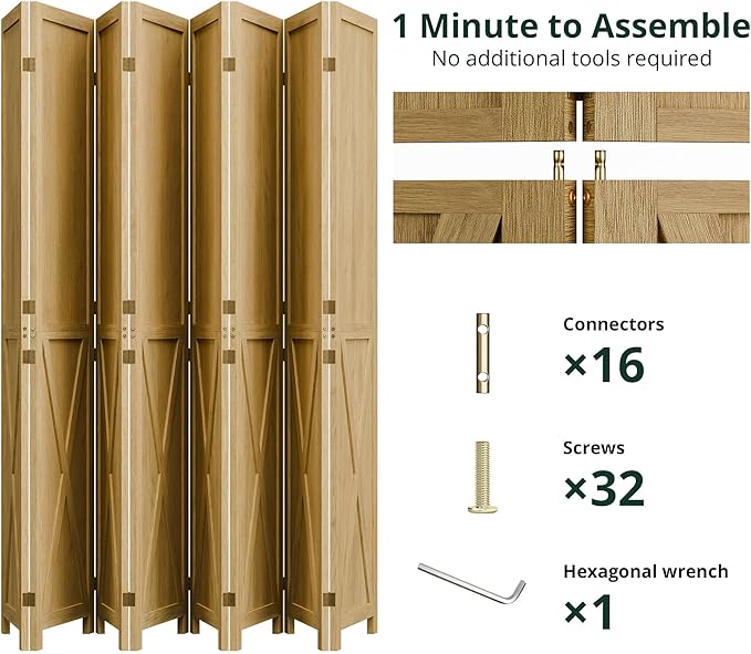 Cozy Castle Wood Room Divider, 8 Panels Folding Privacy Screen, 66.9'' Wall Divider, Barnwood Room Separator, Freestanding Partition, Temporary Wall for for Home Office Restaurant Decorative, Natural