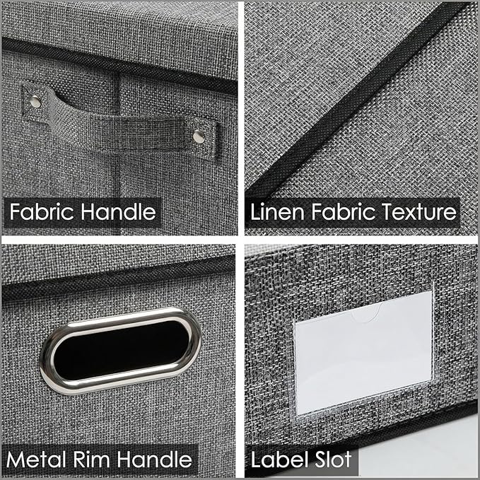PRANDOM Storage Bins with Lids [3-Pack] Linen Fabric Foldable Storage Boxes Organizer Containers Baskets Cube with Cover for Bedroom Closet Office Grey(23.4X15.9X11.4)