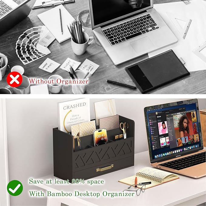 WISUCART Bamboo Mail Organizer Countertop Wood Desk Organizer Drawer Tabletop Storage Box Letter Sorter Makeup Organizer for School Home Office Supplies Black