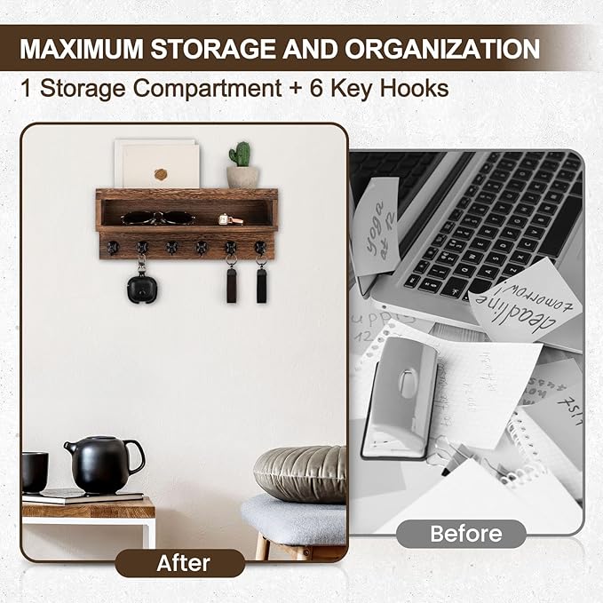 Lucundm Key and Mail Holder Wall Mount, Key Hanger with Long Storage Box and 6 Hooks for Coat, Dog Leash, Home Decor Rack, House Accessories, Entry Way Organizer (Brown)