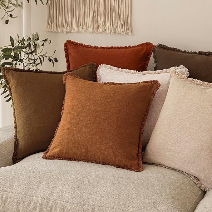 Foindtower Set of 2 Decorative Linen Fringe Throw Pillow Covers Cozy Boho Farmhouse Cushion Cover with Tassels Soft Accent Pillowcase for Couch Sofa Bed Living Room Home Decor, 22×22 Inch, Orange