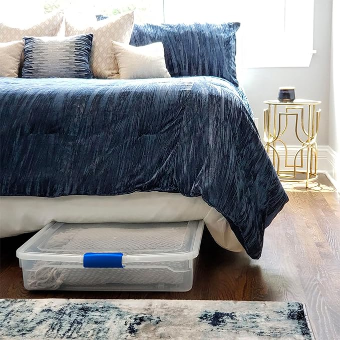 HOMZ 2-Pack Under Bed Storage, Clear Plastic Containers with Lids, 56 Quart, Blue Latch - Stackable Underbed Organizer Bins for Shoes, Bags, Clothes, and Towels