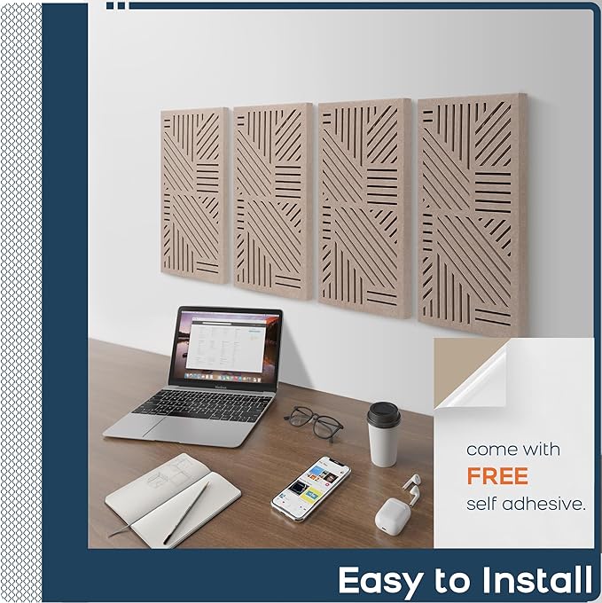 BUBOS 4 Pack Thickened Acoustic Panels, 23.6''x11.8'' Self-Adhesive Sound Absorbing Cavity Acoustic Wall Panels for Theater Studio Room Recording Room Gaming Room Meeting Rooms,VortexCore Camel