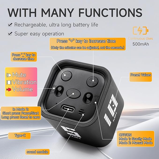 Rotating Productivity Timer 5, 10, 30, 60 Minutes Preset, Desk Cube w/Gravity Sensor for ADHD, Mute Functions, Ideal for Work, Study, Kitchen, Back to School (Black)