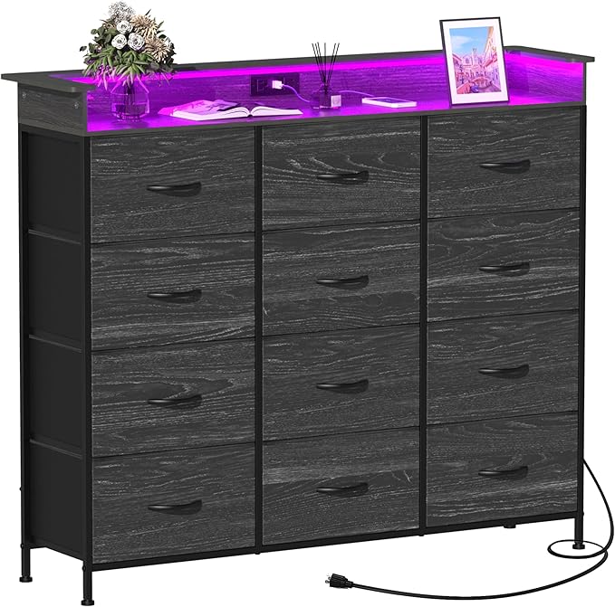 Welfuturer Black Dresser with LED Light 12 Drawers Dresser with Charging Station Dressers for Bedroom with 12 Fabric Drawers for Bedroom Hallway Entryway Closets Sturdy Steel Frame Wood Top Black