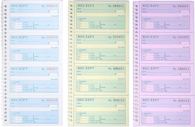 2 Packs Receipt Book with Carbon Copies,Money and Rent Receipt Book,3-Part Carbonless,5.31" x 11.22",100 Sets per Book